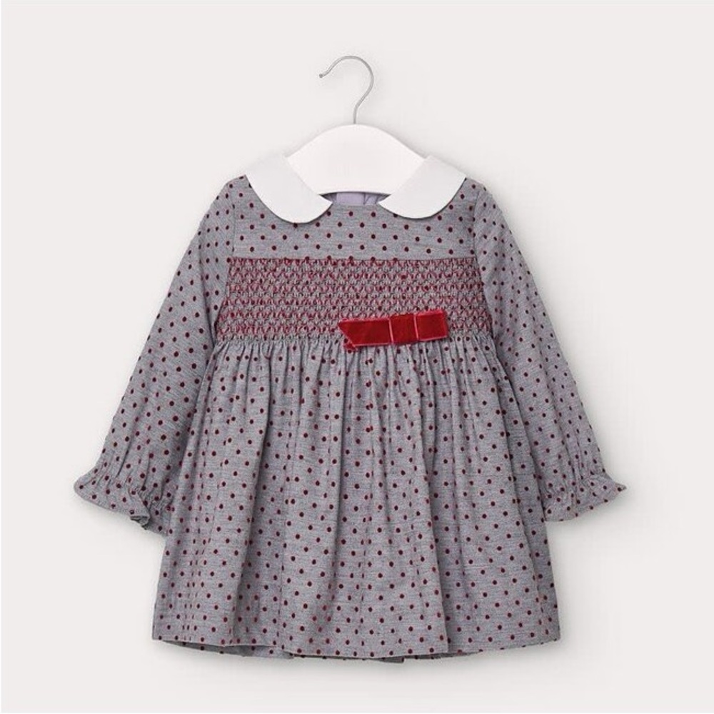 Size 24 months Mayoral Grey Polka Dot Dress with Burgundy Accents